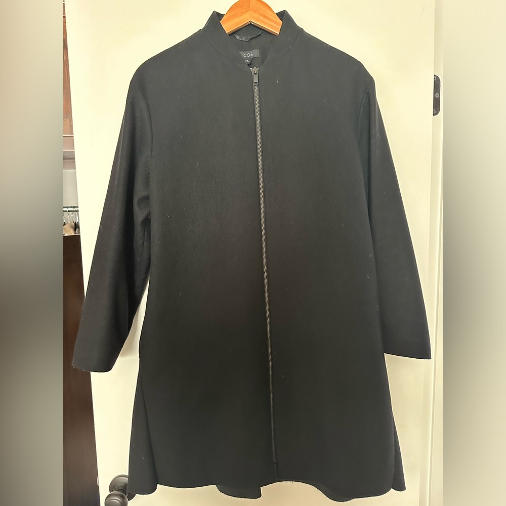 Cos Soft Wool Midi Length Zip Up Black Drop Hem Back Coat Sz 12